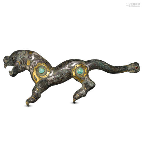 CHINESE TURQUOISE SILVER GOLD INLAID BRONZE BEAST BELT HOOK