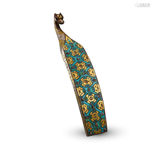 CHINESE TURQUOISE GOLD INLAID BRONZE DRAGON BELT HOOK HAN DYNASTY