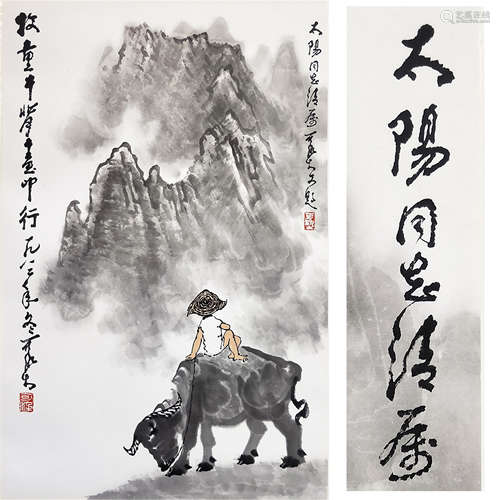 CHINESE SCROLL PAINTING OF BOY AND OX