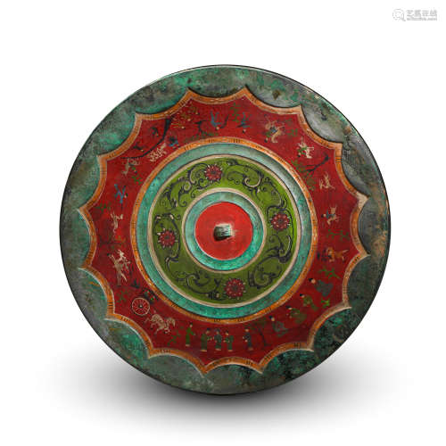 CHINESE COLOR PAINTED BRONZE ROUND MIRROR WARRING PERIOD