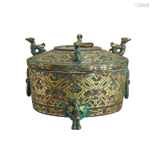 CHINESE GOLD INLAID BRONZE TRIPLE FEET LIDDED CENSER WARRING PERIOD