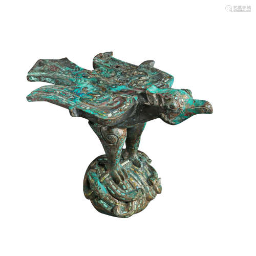CHINESE TURQUOISE INLAID BRONZE BIRD WARRING DYNASTY