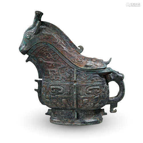 CHINESE ANCIENT BRONZE LIDDED BEAST JUE CUP WARRING PERIOD