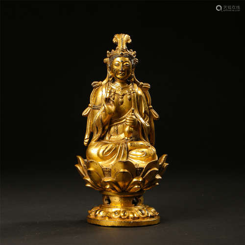 CHINESE GILT BRONZE SEATED GUANYIN ON LOTUS STAND