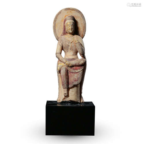 CHINESE COLOR PAINTED MARBLE SEATED GUANYIN NORTH QI DYNASTY