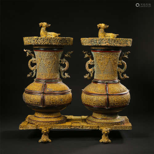 PAIR OF CHINESE LACQUER BRONZE LIDDED VASES ON BASE