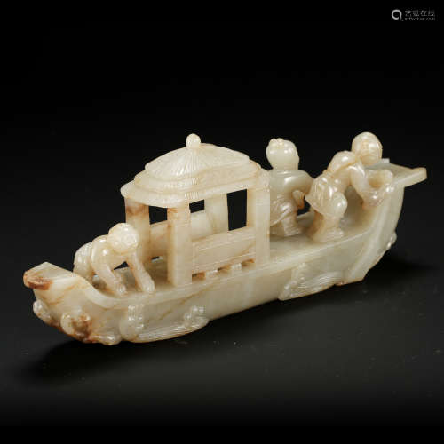 CHINESE SUGAR JADE MEN ON BOAT TABLE ITEM