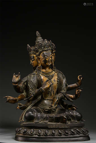 CHINESE GILT BRONZE SEATED SIX ARM GUANYIN