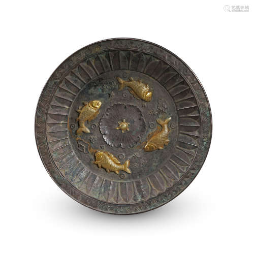 CHINESE PARTLY GILT BRONZE FISH PLATE TANG DYNASTY