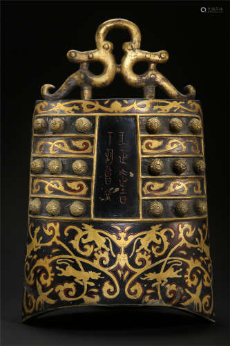 CHINESE GOLD LACQUER BRONZE RITAL BELL HAN DYNASTY