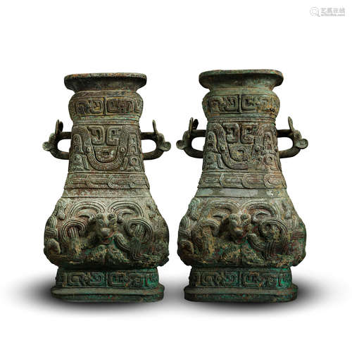 PAIR OF CHINESE ANCIENT BRONZE SQUARE VASE SHANG DYNASTY