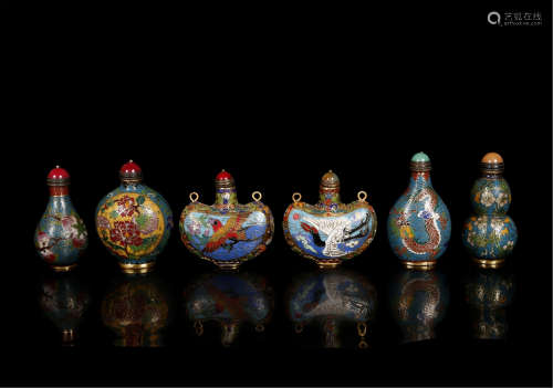SIX CHINESE CLOISONNE BIRD AND FLOWER SNUFF BOTTLES