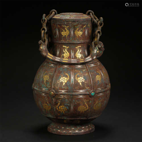 CHINESE GOLD INLAID BRONZE LOOPED VASE WARRING PERIOD