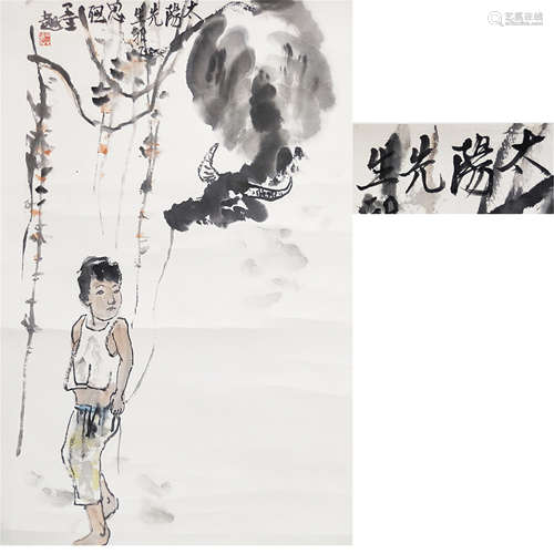 CHINESE SCROLL PAINTING OF BOY AND OX