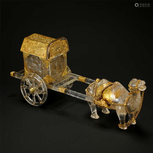 CHINESE GILT SILVER ROCK CRYSTAL HORSE CART