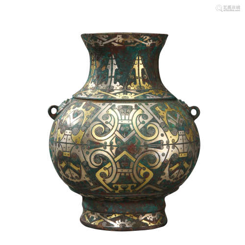 CHINESE GOLD SILVER INLAID BRONZE VASE HAN DYNASTY