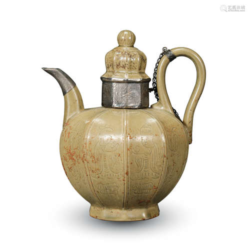 CHINESE SILVER MOUNTED YUE WARE KETTLE