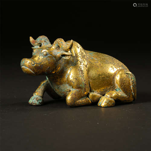 CHINESE GILT BRONZE COUCHING OX HAN DYNASTY