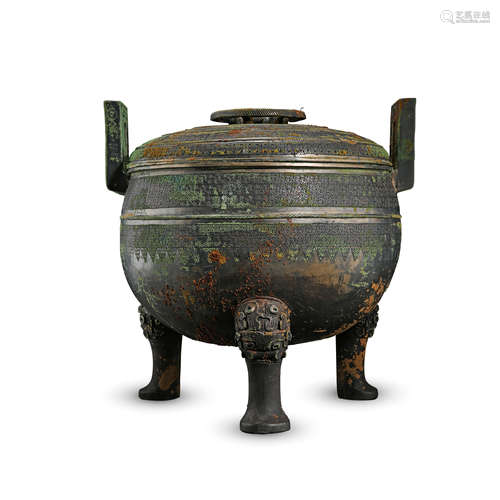 CHINESE ANCIENT BRONZE TRIPLE FEET LIDDED ROUND CENSER