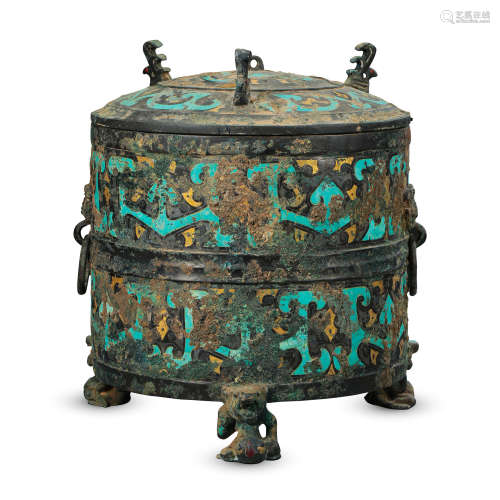 CHINESE TURQUOISE GOLD INLAID LIDDED CENSER HAN DYNASTY