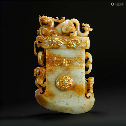 CHINESE GILT ANCIENT JADE DRAGON OX HAN DYNASTY