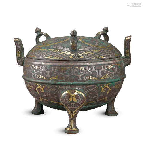 CHINESE SILVER GOLD INLAID BRONZE TRIPLE FEET LIDDED ROUND CENSER HAN DYNASTY