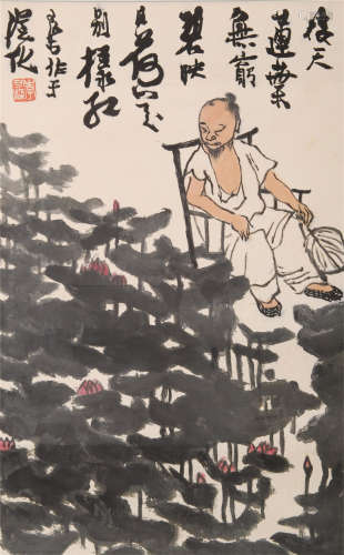 CHINESE SCROLL PAINTING OF MAN BY LOTUS