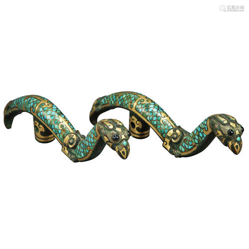 PAIR OF CHINESE TURQUOISE SILVER GOLD INLAID BRONZE DRAGON CANE HANDLES HAN WARRING PERIOD