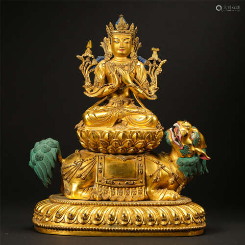 CHINESE GILT BRONZE SEATED BODHISATTVA MANJUSRI ON LION