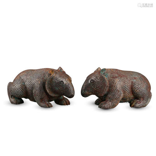 PAIR OF CHINESE SILVER INLAID BRONZE BEAR TABLE ITEM