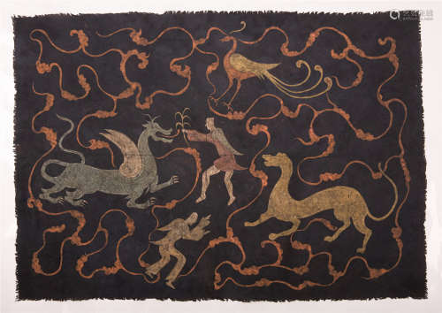 CHINESE CLOTH PAINTING OF MEN WITH BEAST HAN DYNASTY