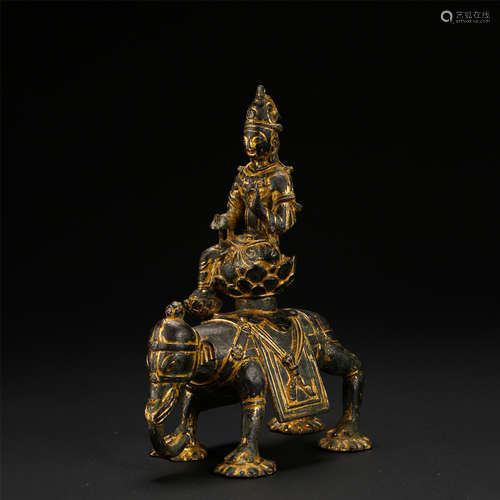 CHINESE GILT BRONZE SEATED SAMANTABHADRA ON ELEPHANT