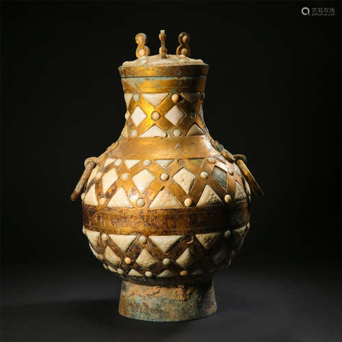 CHINESE JADE INLAID GILT BRONZE LIDDED VASE