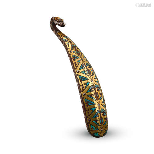 CHINESE TURQUOISE SILVER GOLD INLAID BRONZE DRAGON BELT HOOK HAN DYNASTY