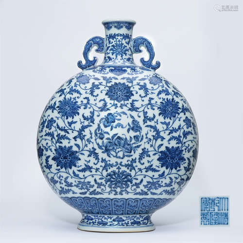 CHINESE PORCELAIN BLUE AND WHITE FLOWER MOONFLASK