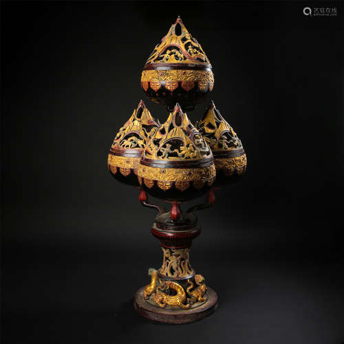 CHINESE LACQUER BRONZE BOSHAN CENSERS ON STAND