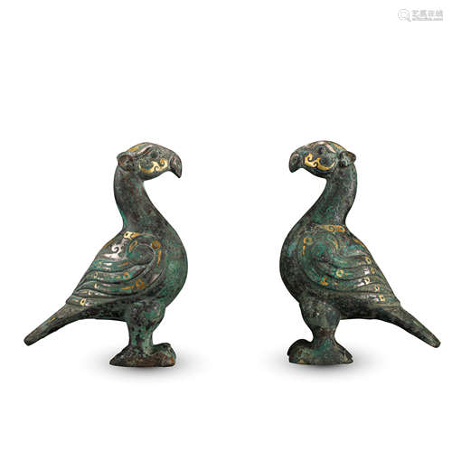 PAIR OF CHINESE GOLD INLAID BRONZE BIRDS TABLE ITEMS