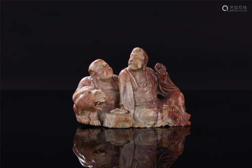 CHINESE SOAPSTONE SEATED FIGURE TABLE ITEM