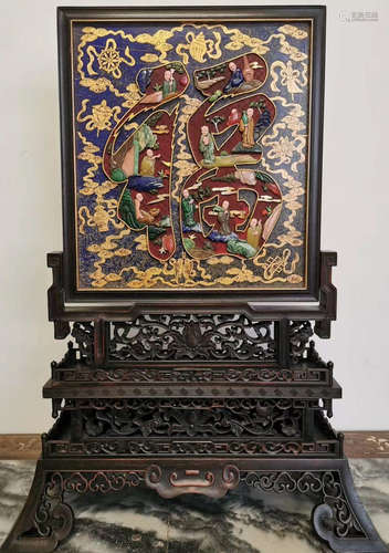 A ZITAN WOOD CARVED GEM DECORATED SCREEN