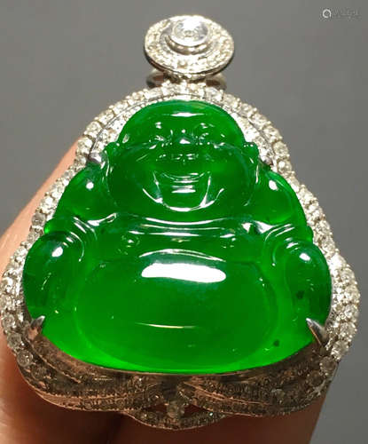 A GREEN JADEITE CARVED BUDDHA PENDANT, TYPE A