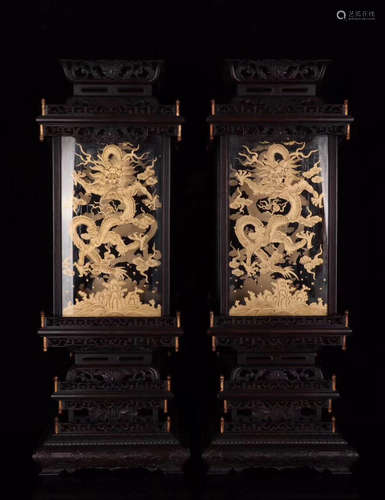 PAIR ZITAN WOOD CARVED DRAGON PALACE LANTERN