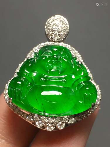 A GREEN JADEITE CARVED BUDDHA PENDANT, TYPE A