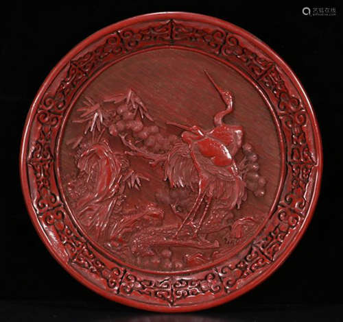 A LACQUER CARVED BIRD&FLOWER PATTERN PLATE