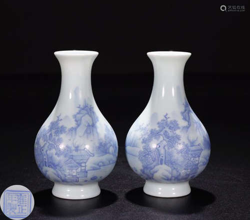 PAIR WHITE&BLUE GLAZE LANDSCAPE PATTERN VASE