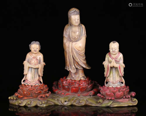 SET SOAPSTONE CARVED PAINTED GUANYIN BUDDHA