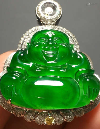 A GREEN JADEITE CARVED BUDDHA PENDANT, TYPE A