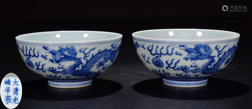 PAIR WHITE&BLUE GLAZE DRAGON PATTERN BOWL