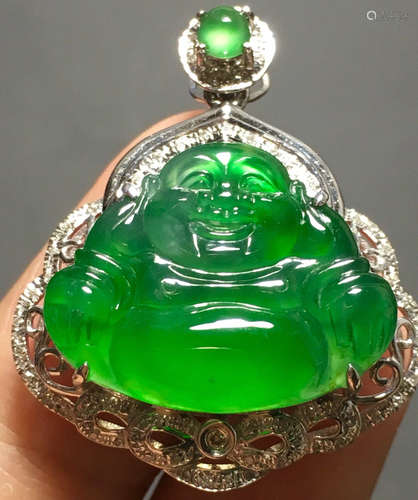 A GREEN JADEITE CARVED BUDDHA PENDANT, TYPE A