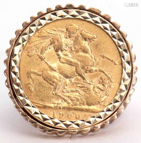 Victorian gold sovereign dated 1900, framed in a 9ct gold textured ring mount, 15.5gms gross weight,