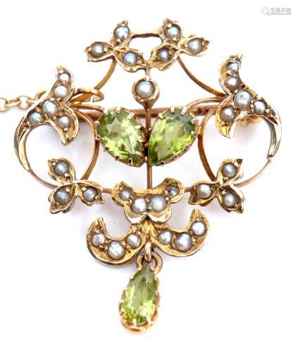Edwardian peridot and seed pearl brooch, the centre set with two pear shaped peridots surrounded